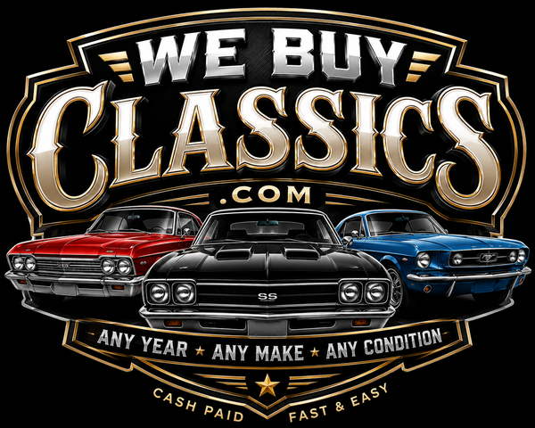 WeBuyClassics.com logo concept — three classic muscle cars