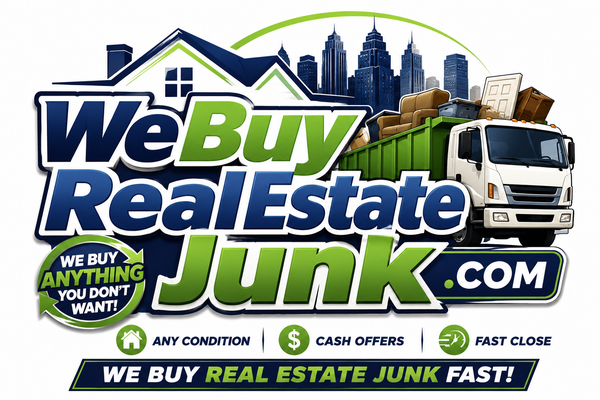 WeBuyRealEstateJunk.com logo concept — house and dumpster truck