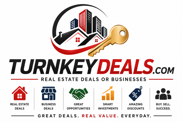 TurnkeyDeals.com logo concept — buildings and gold key