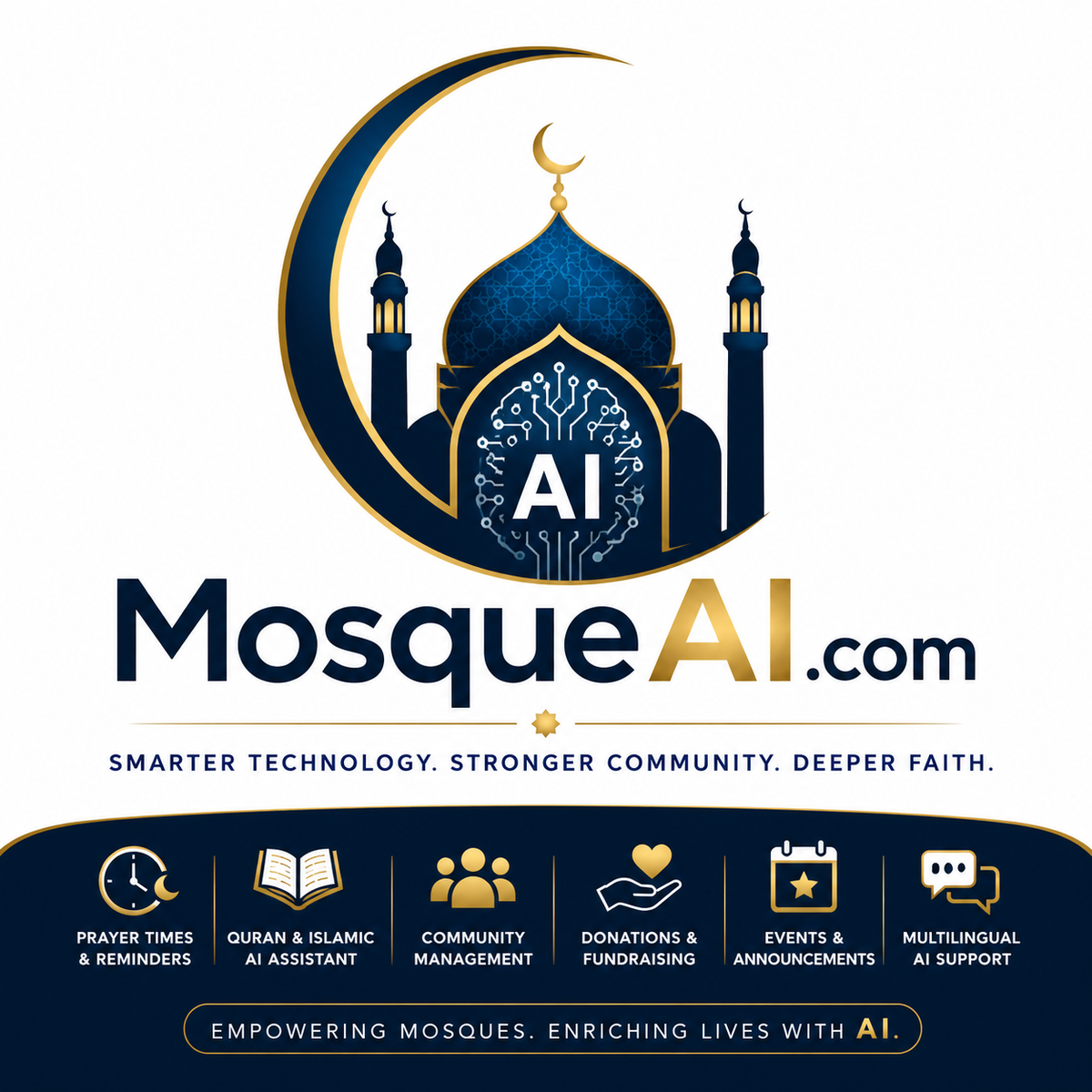 MosqueAI.com logo concept — mosque silhouette with circuit motif in navy and gold