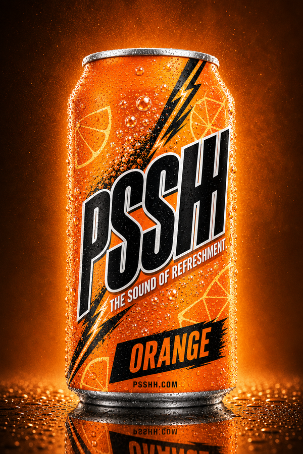 PSSHH.com brand concept — orange soda can