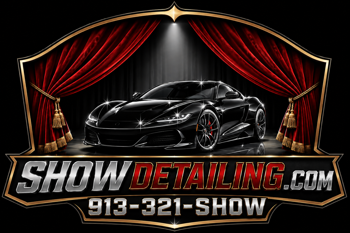 ShowDetailing.com logo concept — black sports car with red velvet curtains
