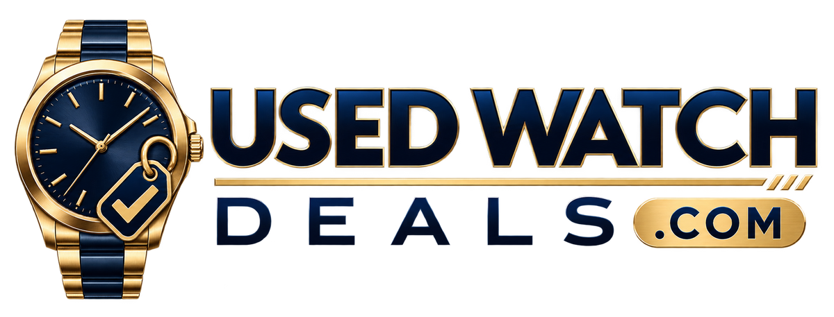 UsedWatchDeals.com logo concept — gold and navy watch with price tag