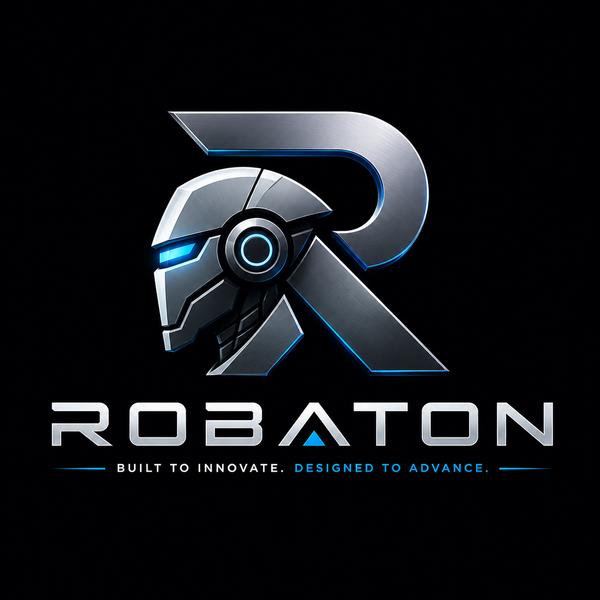 Robaton.com logo concept — metallic robot helmet and R monogram