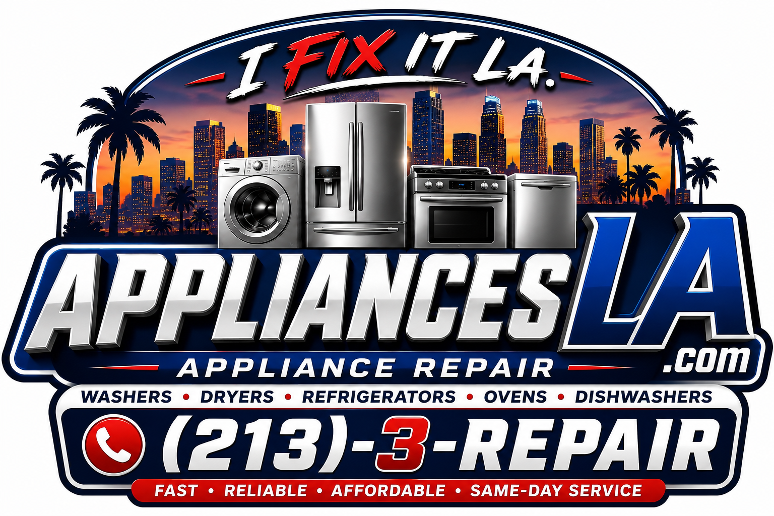 AppliancesLA.com logo concept — appliances against the LA skyline