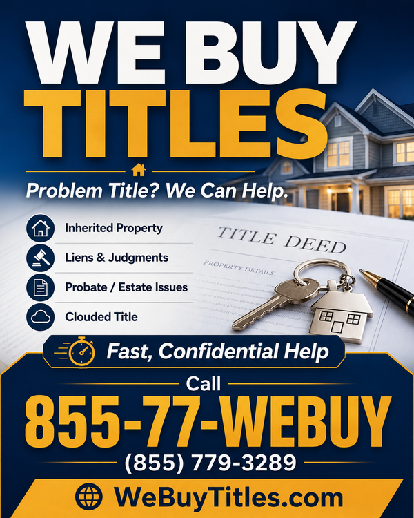 WeBuyTitles.com logo concept — title deed and house keys