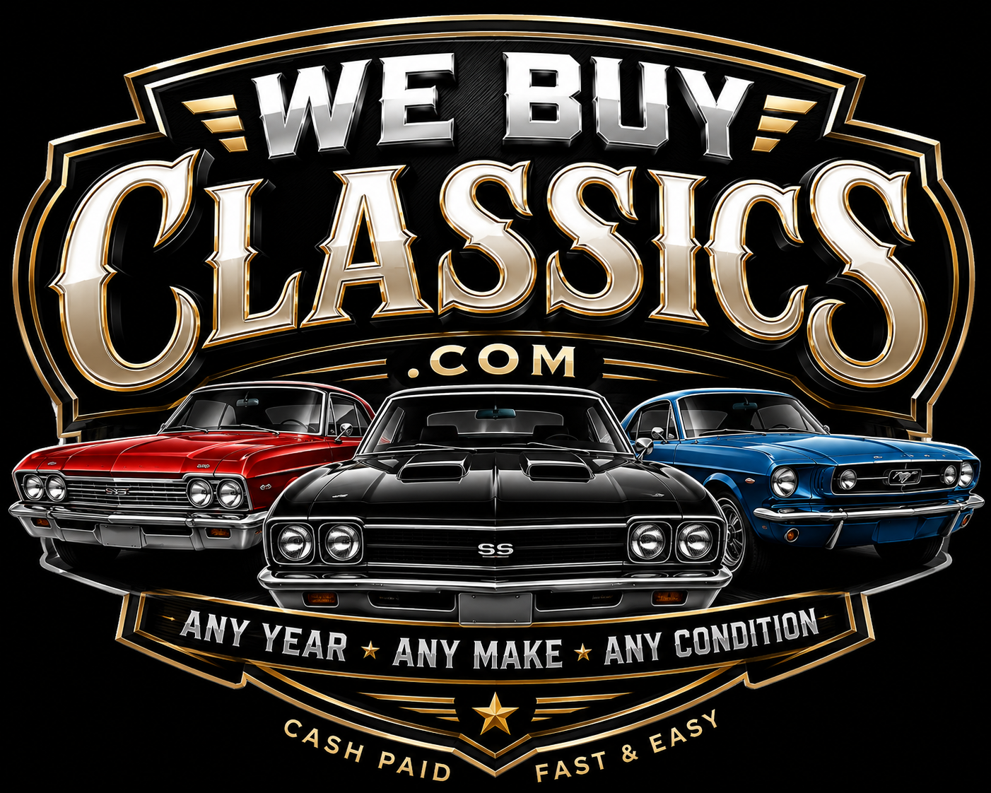 WeBuyClassics.com logo concept — three classic muscle cars