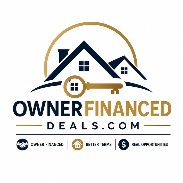 OwnerFinancedDeals.com logo concept — navy and gold houses with key