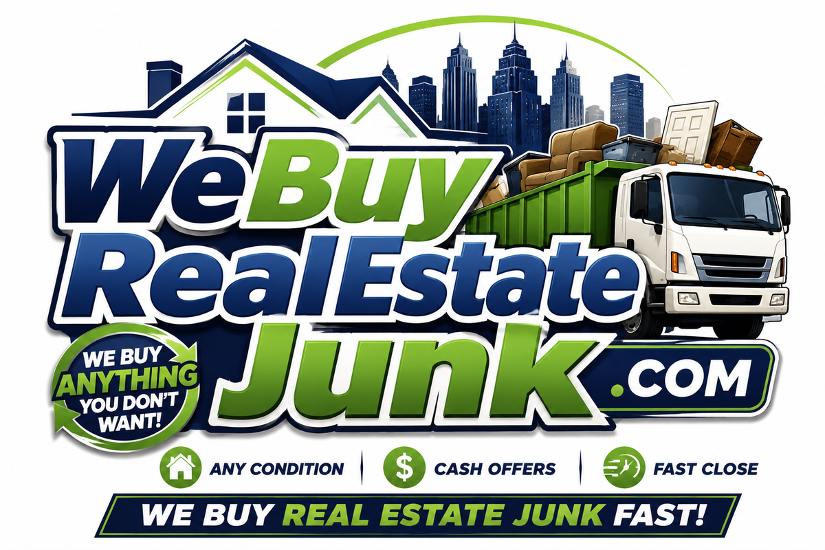 WeBuyRealEstateJunk.com logo concept — house and dumpster truck