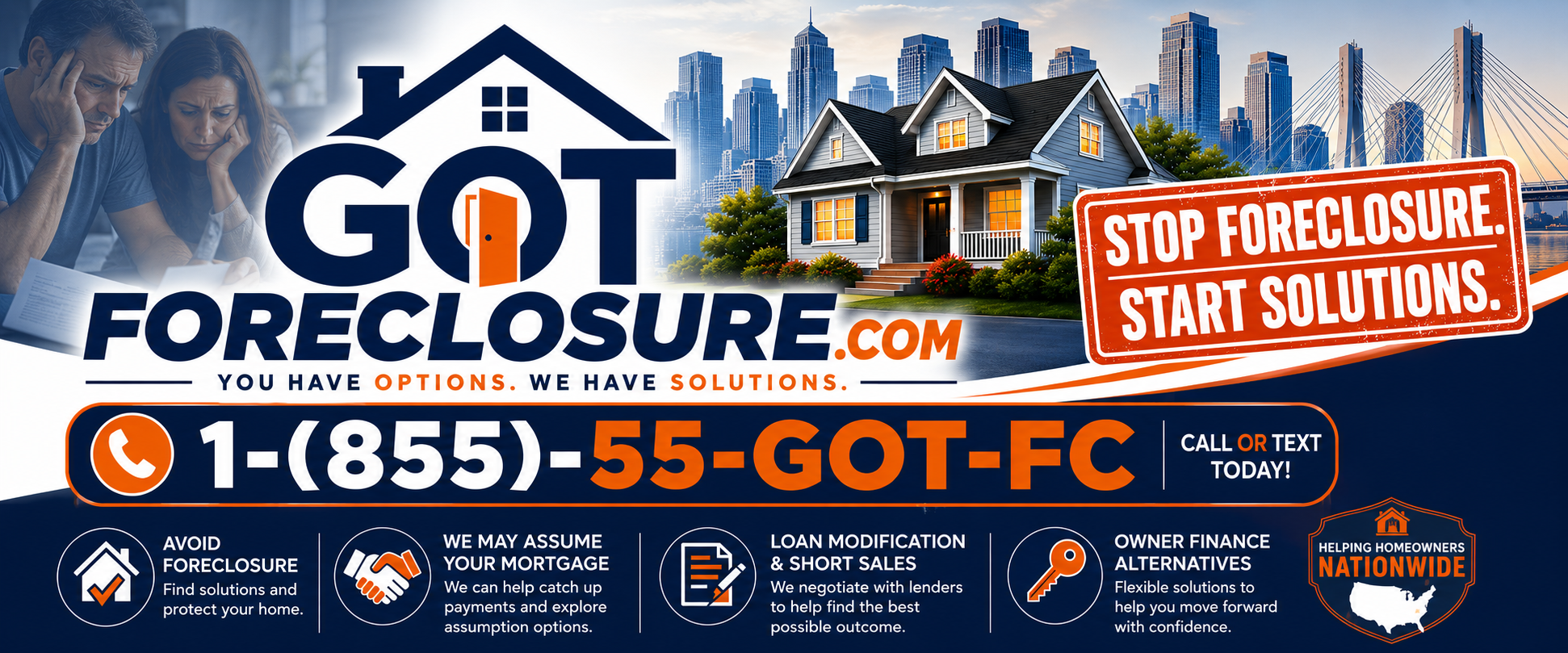 GotForeclosure.com logo concept — house and foreclosure solutions banner