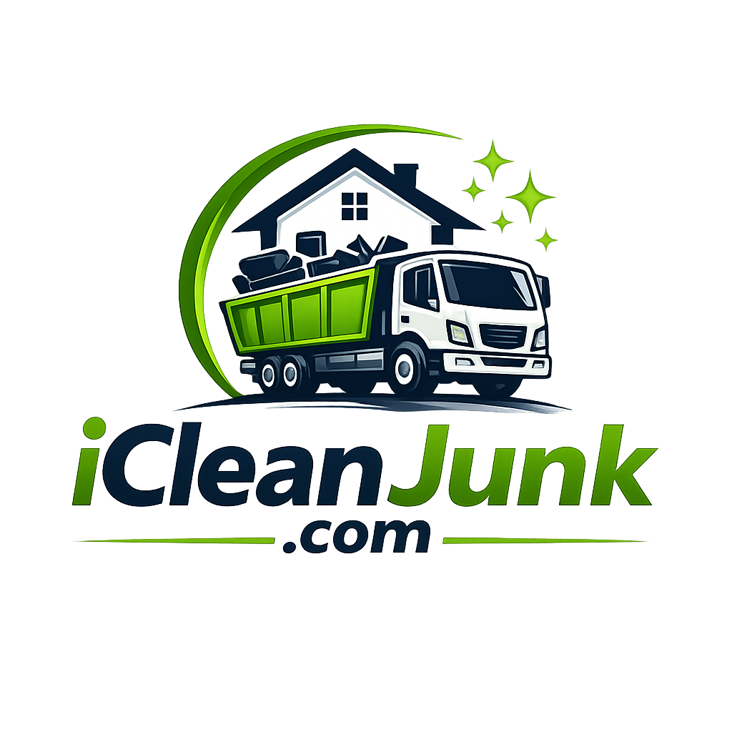 iCleanJunk.com logo concept — green hauling truck and house