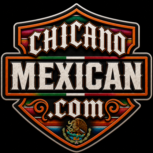 ChicanoMexican.com logo concept — ornate shield with serape colours