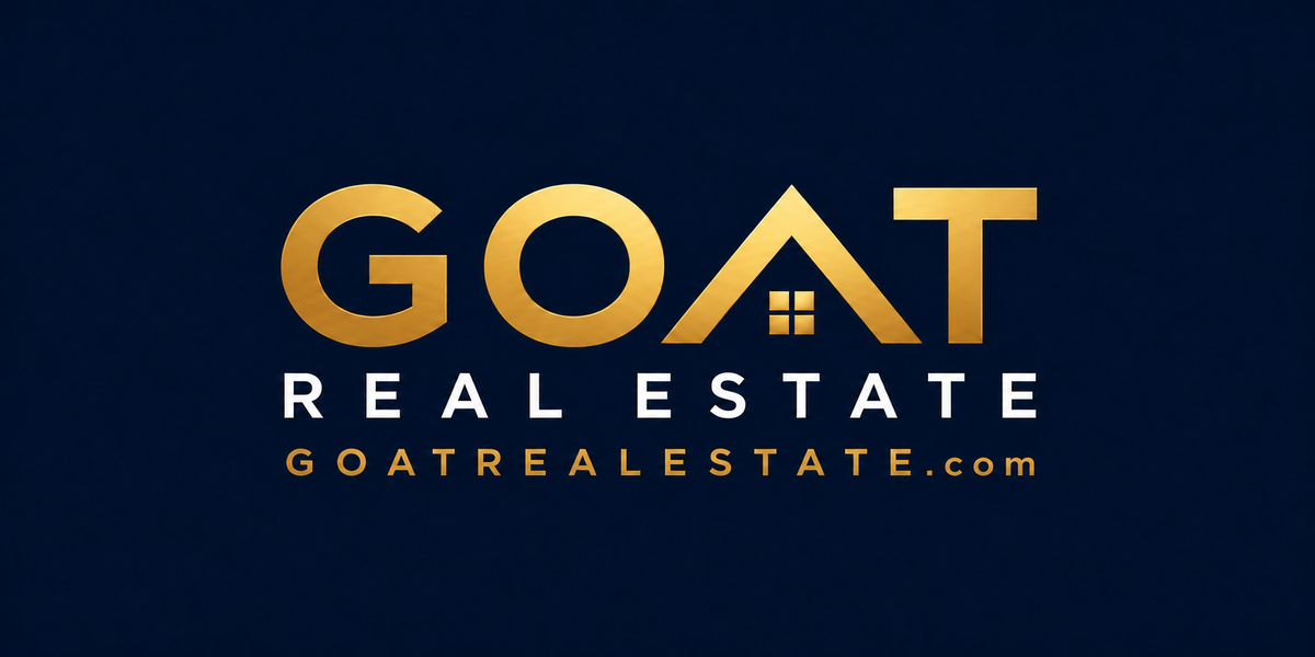 GoatRealEstate.com logo concept — gold GOAT house emblem on navy