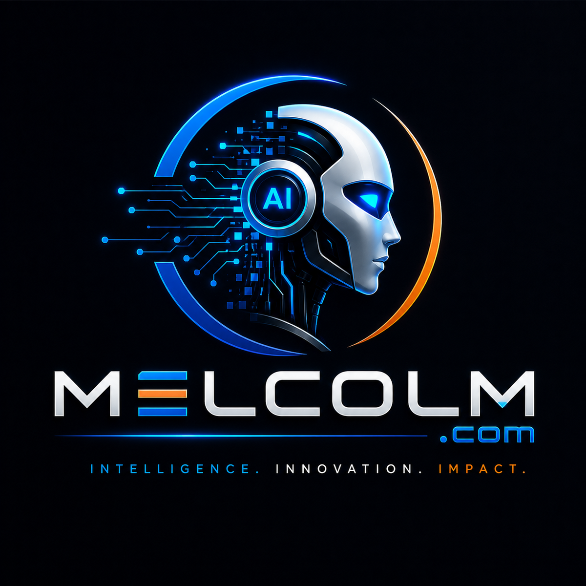 Melcolm.com logo concept — AI robot head emblem