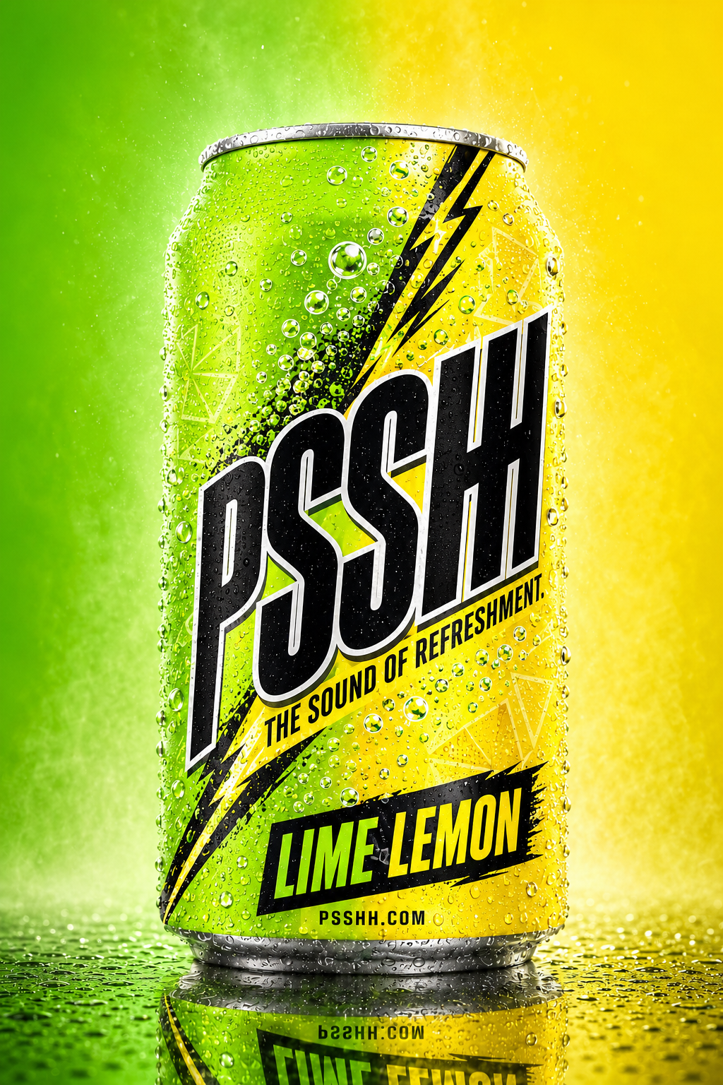 PSSHH.com brand concept — lime lemon can, bright background