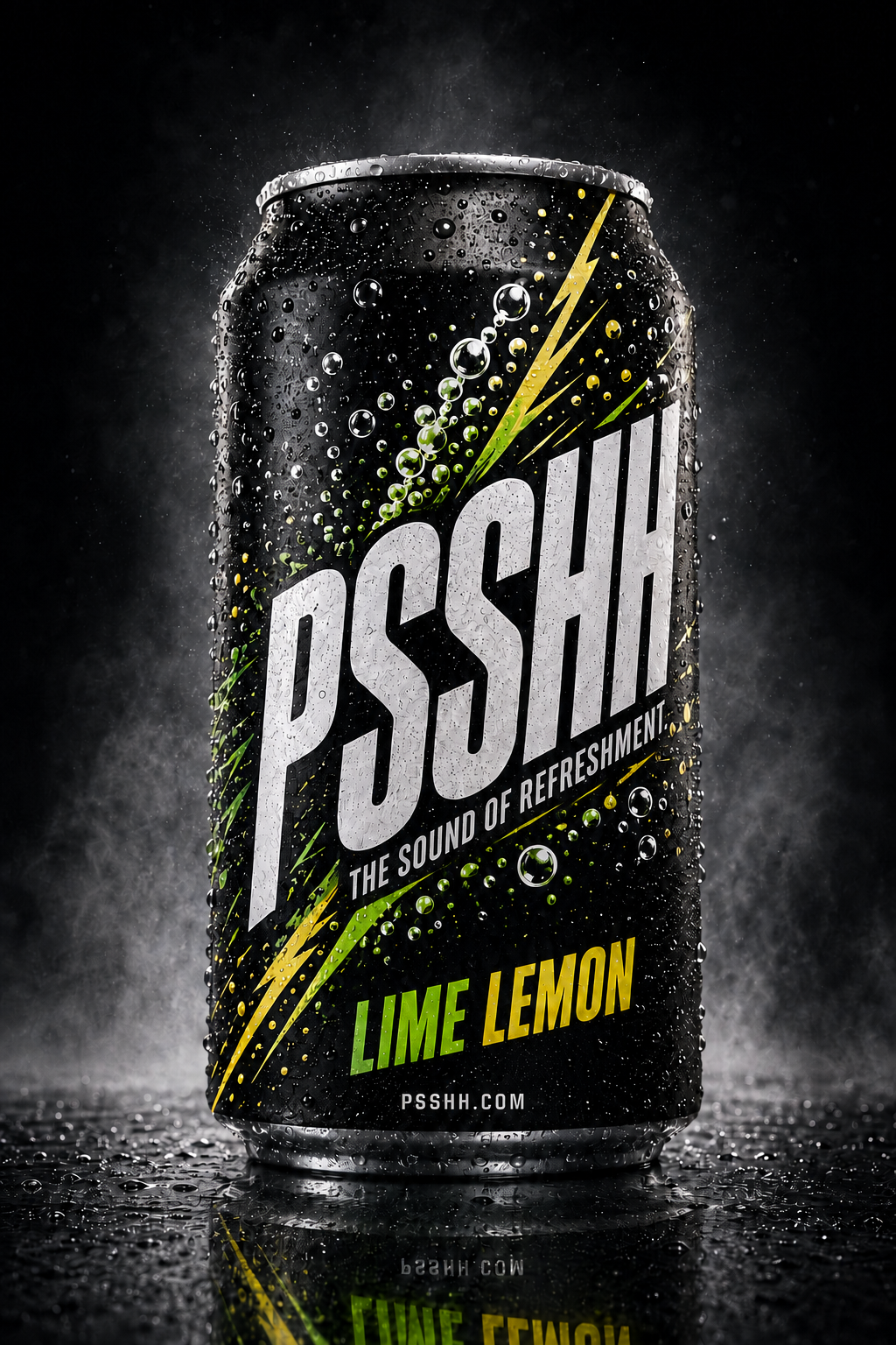 PSSHH.com brand concept — lime lemon can, dark background